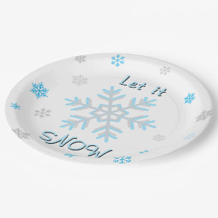 Blue Silver Gray Snowflakes Let it Snow Paper Plates