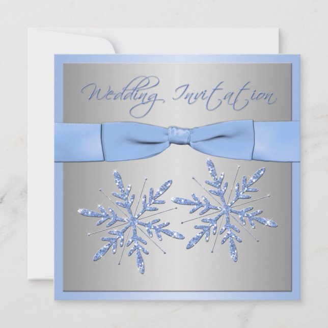 Blue, Silver Gray Snowflakes Wedding Invite (Front)