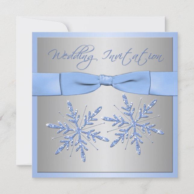 Blue, Silver Gray Snowflakes Wedding Invite (Front)