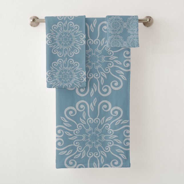 BLUE SILVER GREY HAMPTONS STYLE BATHROOM TOWEL SET (Insitu)