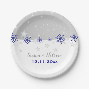 Blue, silver grey snowflake modern wedding paper plates