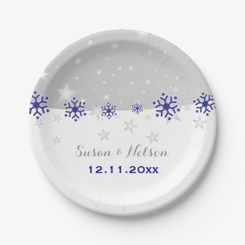 Blue silver grey snowflake modern wedding paper plates