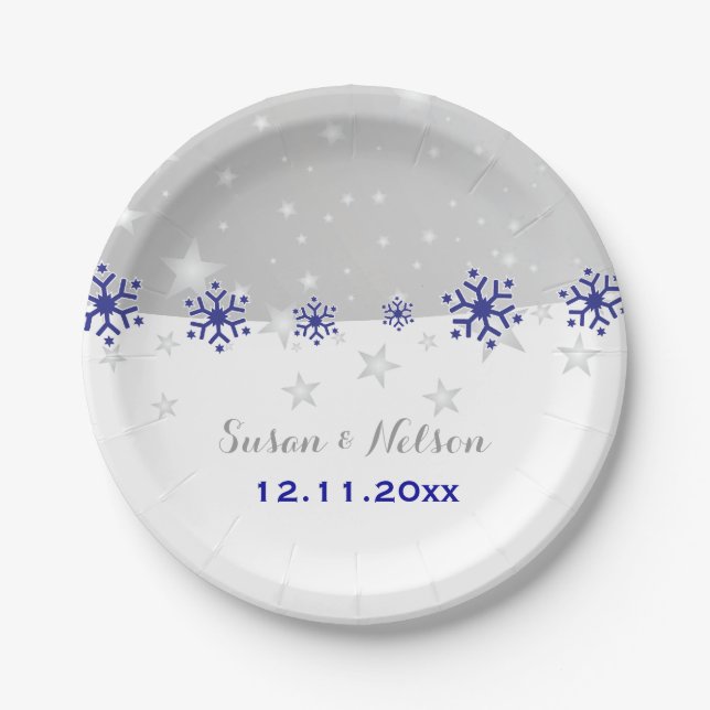 Blue, silver grey snowflake modern wedding paper plates (Front)
