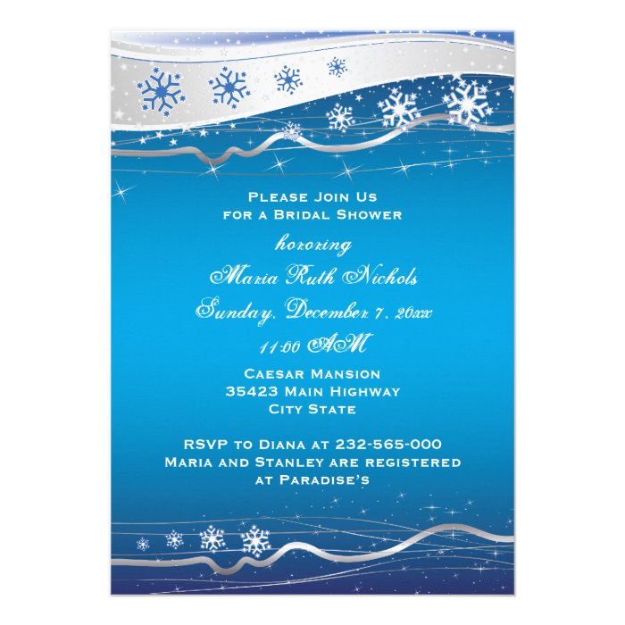 Blue, silver grey snowflake wedding bridal shower invites