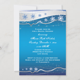 Blue, silver grey snowflake wedding bridal shower invitation