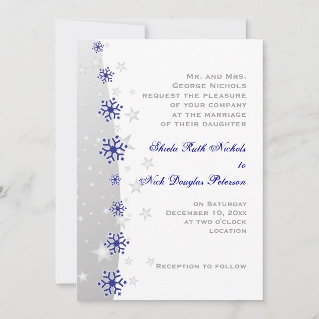 Blue, silver grey snowflake wedding invitation (Front)