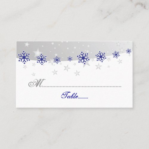 Blue, silver grey snowflake wedding place card business card templates