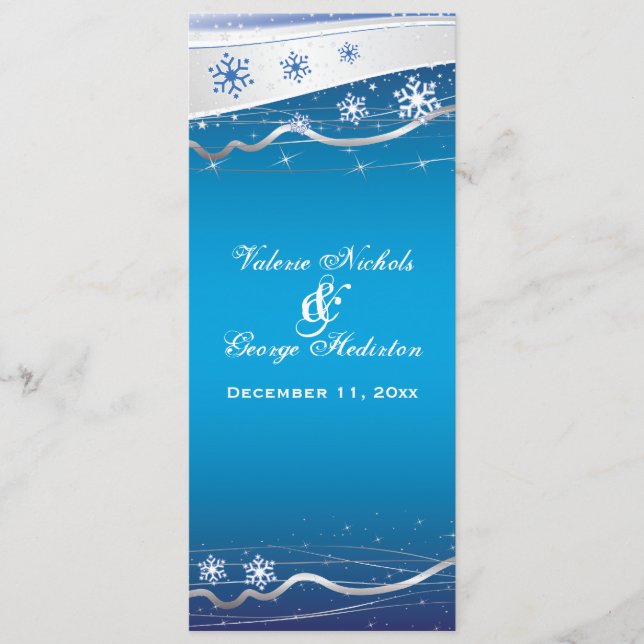 Blue, silver grey snowflake wedding program card (Front)