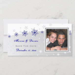 Blue, silver grey snowflake wedding Save the Date
