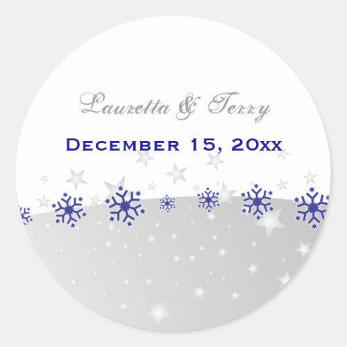 Blue silver grey snowflake wedding Save the Date Classic Round Sticker