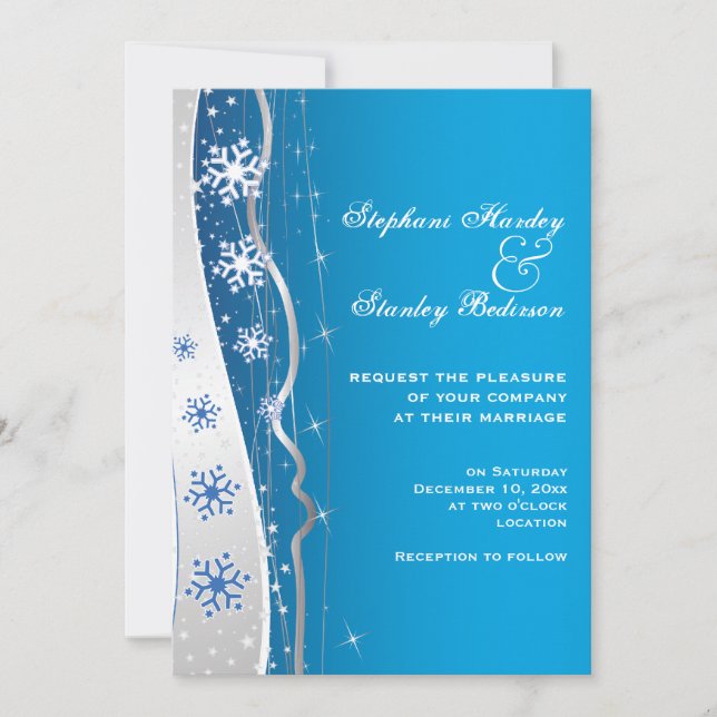 Blue, silver grey snowflake winter wedding invitation (Front)