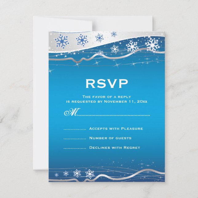Blue, silver grey snowflake winter wedding RSVP (Front)