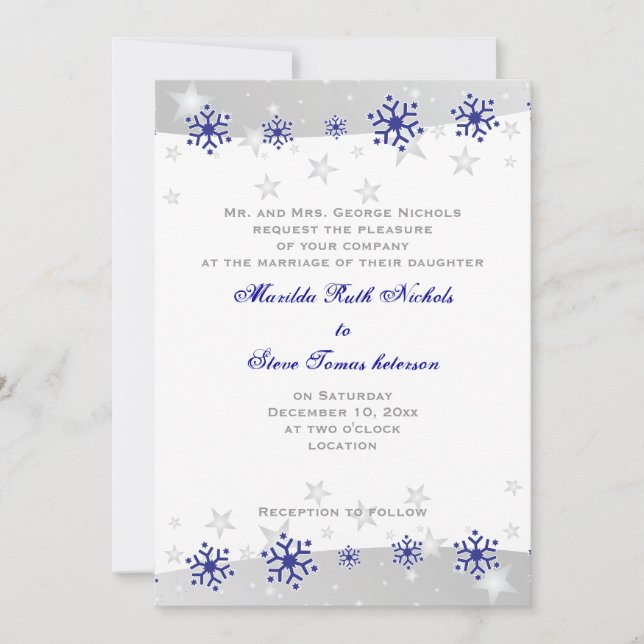 Blue, silver grey white snowflake wedding invitation (Front)