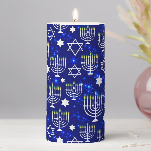 Blue & Silver Hanukkah Menorah Pillar Candle (In Situ)