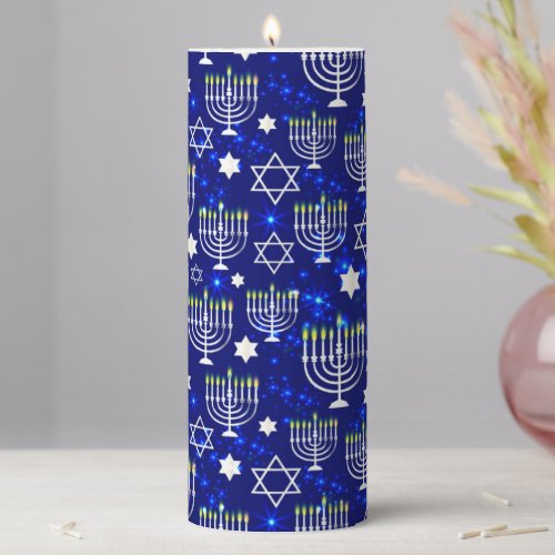Blue  Silver Hanukkah Menorah Pillar Candle