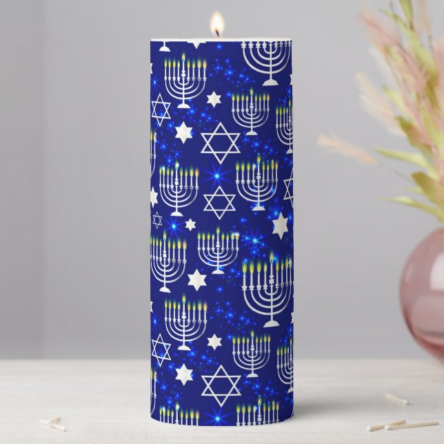 Blue & Silver Hanukkah Menorah Pillar Candle (In Situ)
