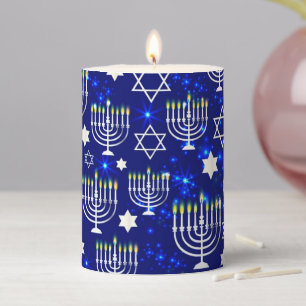 Blue & Silver Hanukkah Menorah Pillar Candle