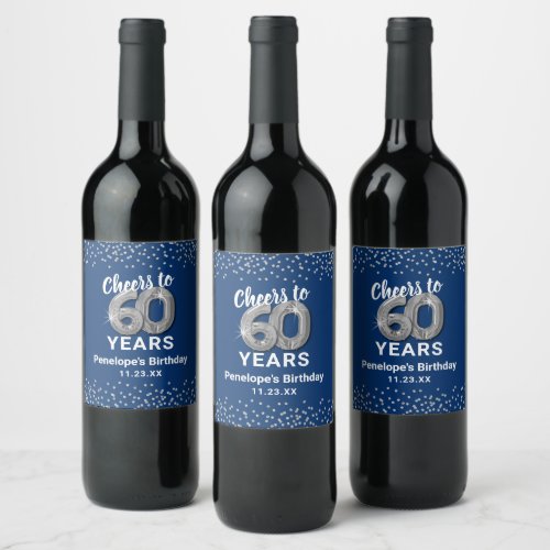 Blue Silver Happy 60th Birthday Wine Label
