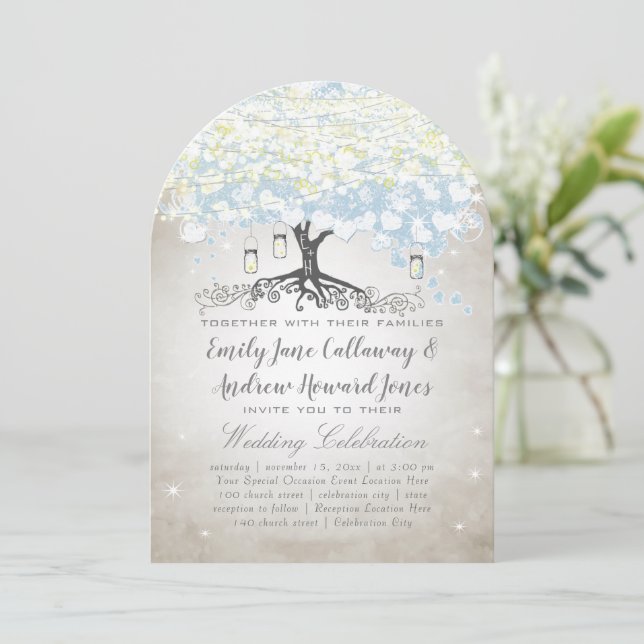 Blue & Silver Heart Leaf Tree Woodsy Boho Wedding Invitation (Standing Front)