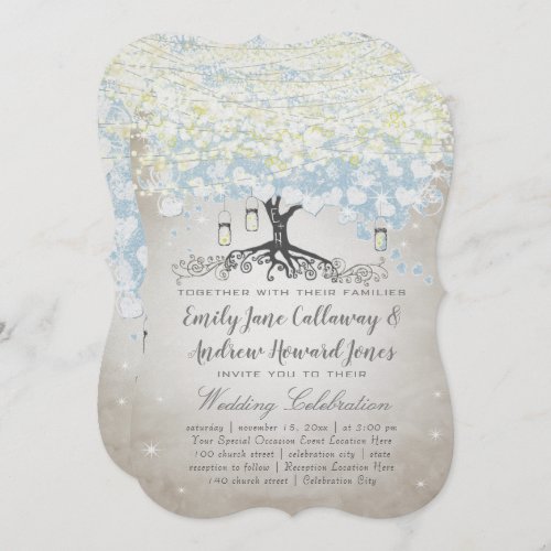 Blue  Silver Heart Leaf Tree Woodsy Boho Wedding Invitation