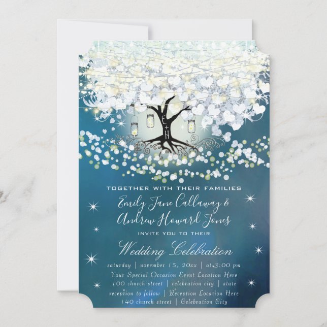 Blue & Silver Heart Leaf Tree Woodsy Boho Wedding Invitation (Front)