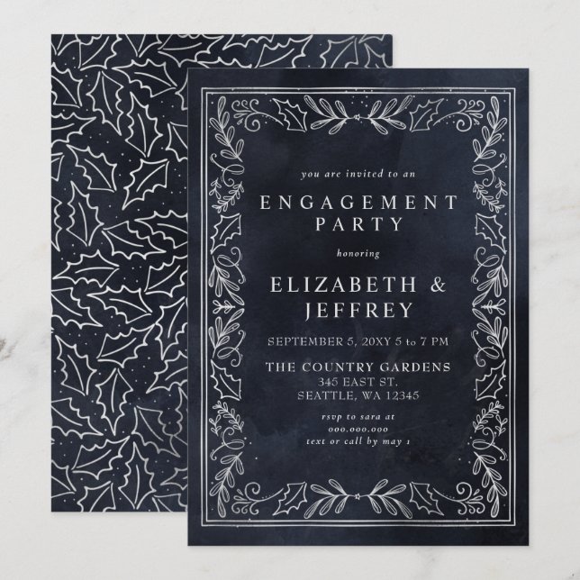 Blue Silver Holly Christmas Engagement Party   Invitation (Front/Back)