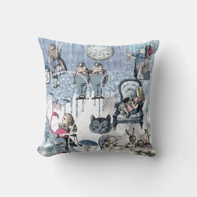 Blue Silver Ice Alice in Wonderland Throw Pillow (Front)