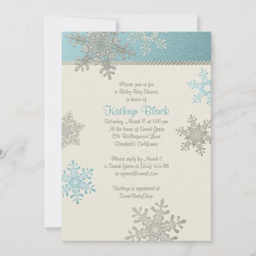 Blue Silver Ivory Snowflake Winter Baby Shower Personalized Invitation