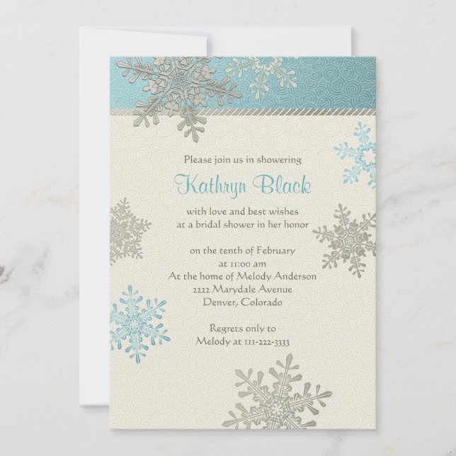 Blue Silver Ivory Snowflake Winter Bridal Shower Invitation (Front)