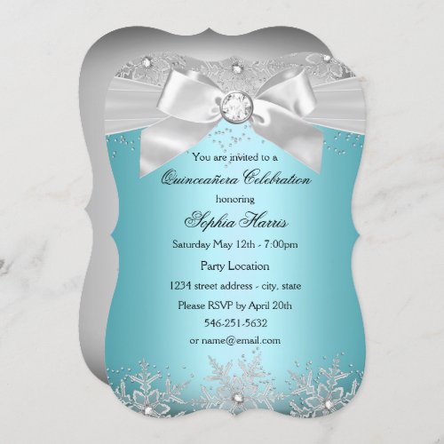 Blue Silver Jewel Bow Snowflake Quinceanera Invitation