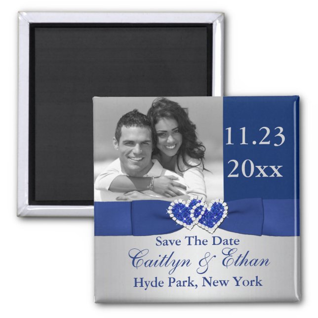 Blue, Silver Joined Hearts Save the Date Magnet (Front)