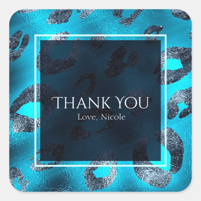 Blue & Silver Leopard Print Party Favor Square Sticker (Front)