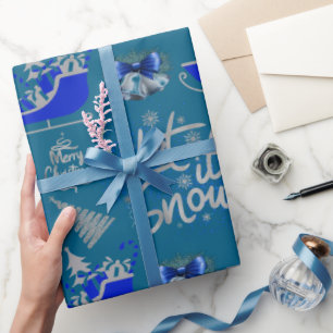 Blue & Silver Let It Snow on Blue Wrapping Paper