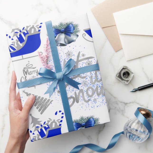 Blue & Silver Let It Snow on White | Wrapping Paper (Gifting)