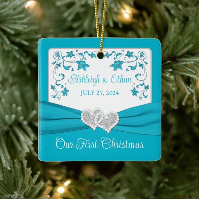 Blue, Silver Love Hearts Wedding 1st Christmas  Ceramic Ornament (Tree)