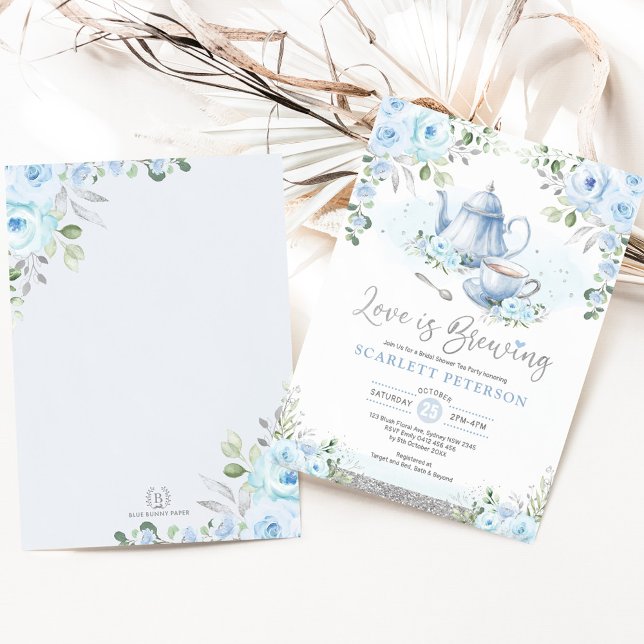 Blue Silver Love is Brewing Bridal Shower Tea Invitation (Creator Uploaded)