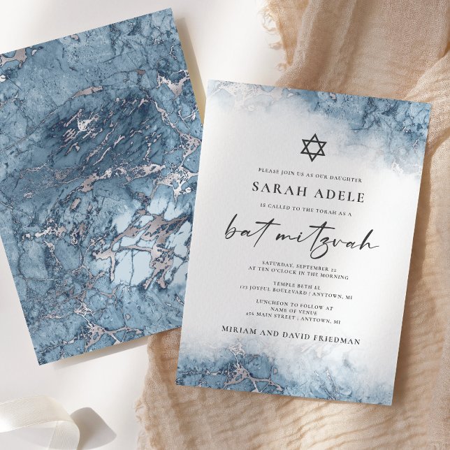 Blue Silver Marble Bat Mitzvah Invitation (Creator Uploaded)