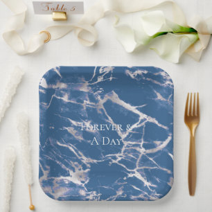 Blue Silver Marble Wedding Paper Plates