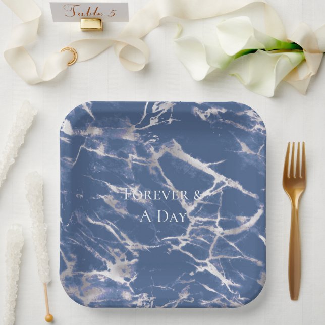 Blue Silver Marble Wedding Paper Plates (Wedding)