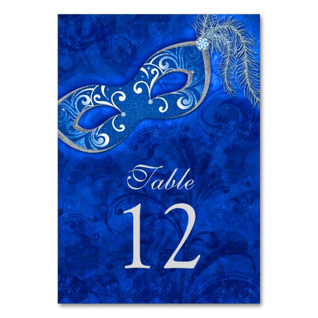 Blue Silver Masquerade Ball Mardi Gras Wedding Table Number (Back)