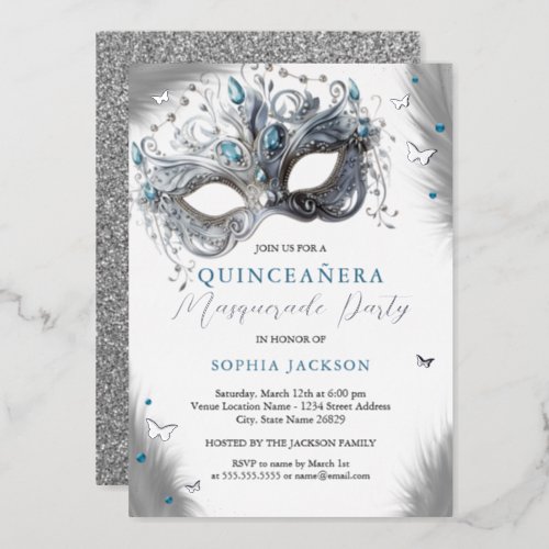 Blue Silver Masquerade Mask Butterfly Quinceanera Foil Invitation