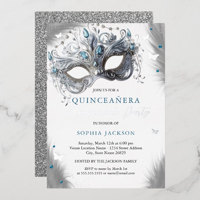 Blue Silver Masquerade Mask Butterfly Quinceanera Foil Invitation (Front/Back)