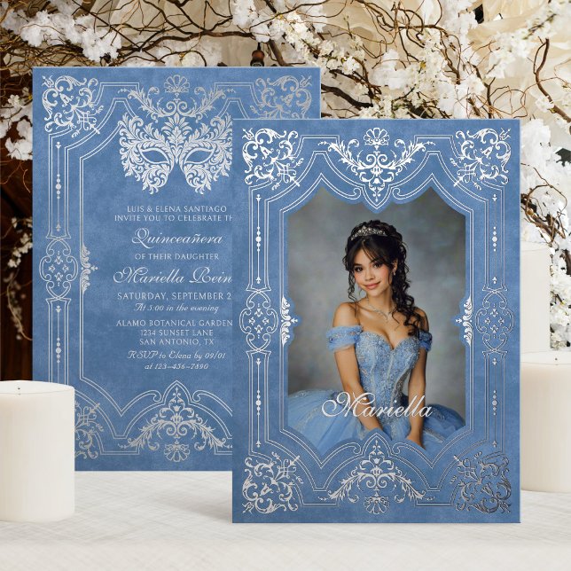 Blue Silver Masquerade Photo Quinceanera Foil Invitation (Creator Uploaded)