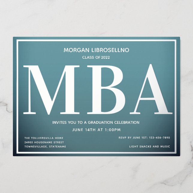 Blue Silver MBA Graduation Foil Invitation (Front)