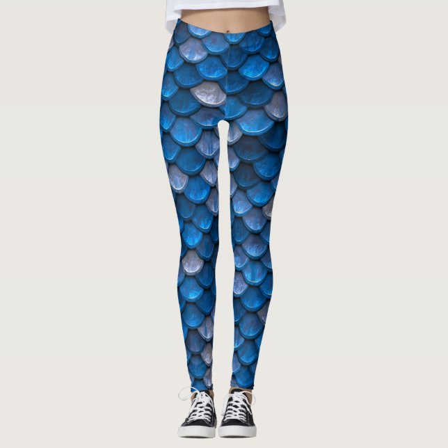Blue Silver Mermaid Fish Scales Leggings (Front)