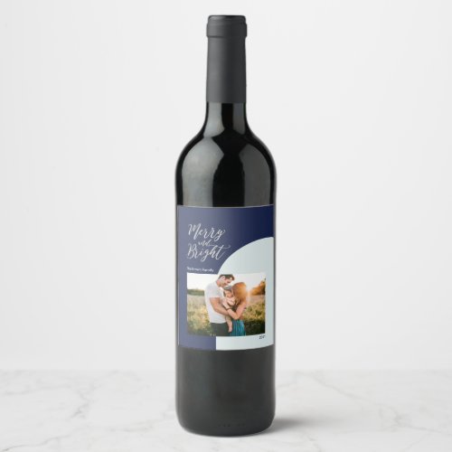 Blue  Silver Merry and Bright Christmas Holiday Wine Label