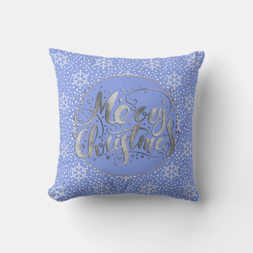 Blue Silver Merry Christmas White Snowflakes Throw Pillow