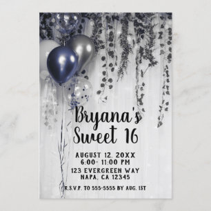 Blue Silver Metallic Balloons Ivy White Sweet 16 Invitation
