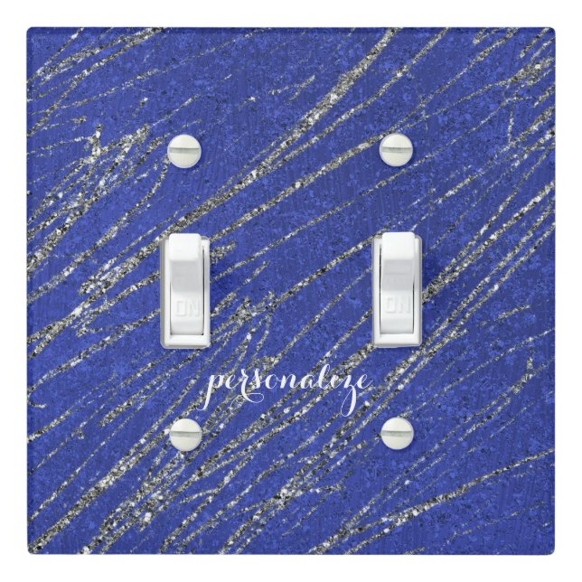 Blue & Silver Modern Glam Marble Stripe Designer Light Switch Cover (In Situ)