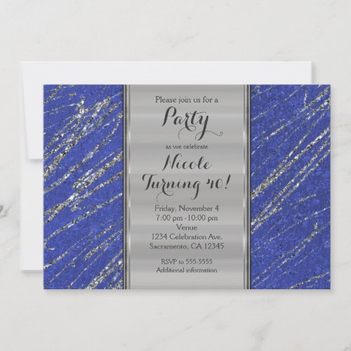 Blue  Silver Modern Glam Marble Stripe Invitation